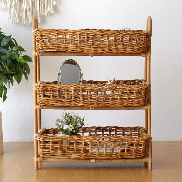 バスケット アラログ 3段 収納 おしゃれ ランドリーラック ラタン 天然