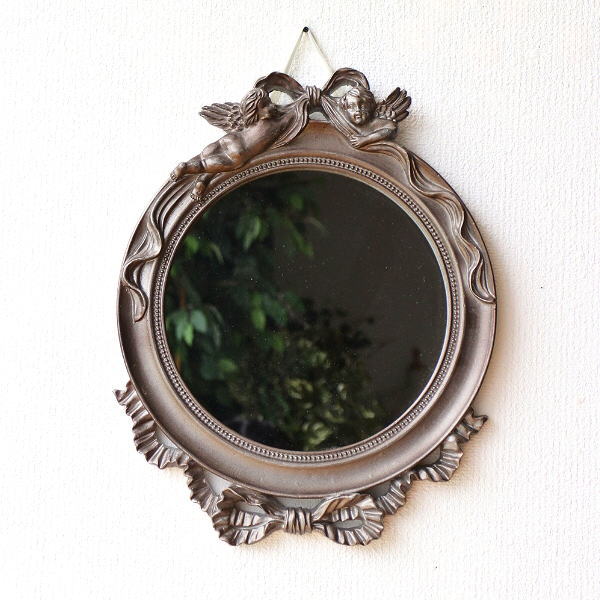 鏡 壁掛けミラー おしゃれ 壁掛け リボン 天使 アンティーク
