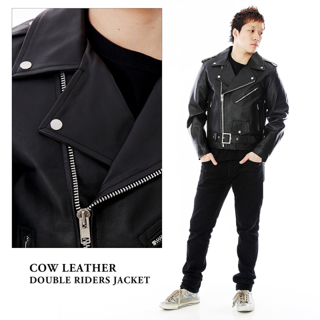 牛革 ダブルライダースジャケット メンズ ブラック/ホワイト S/M/L/LL