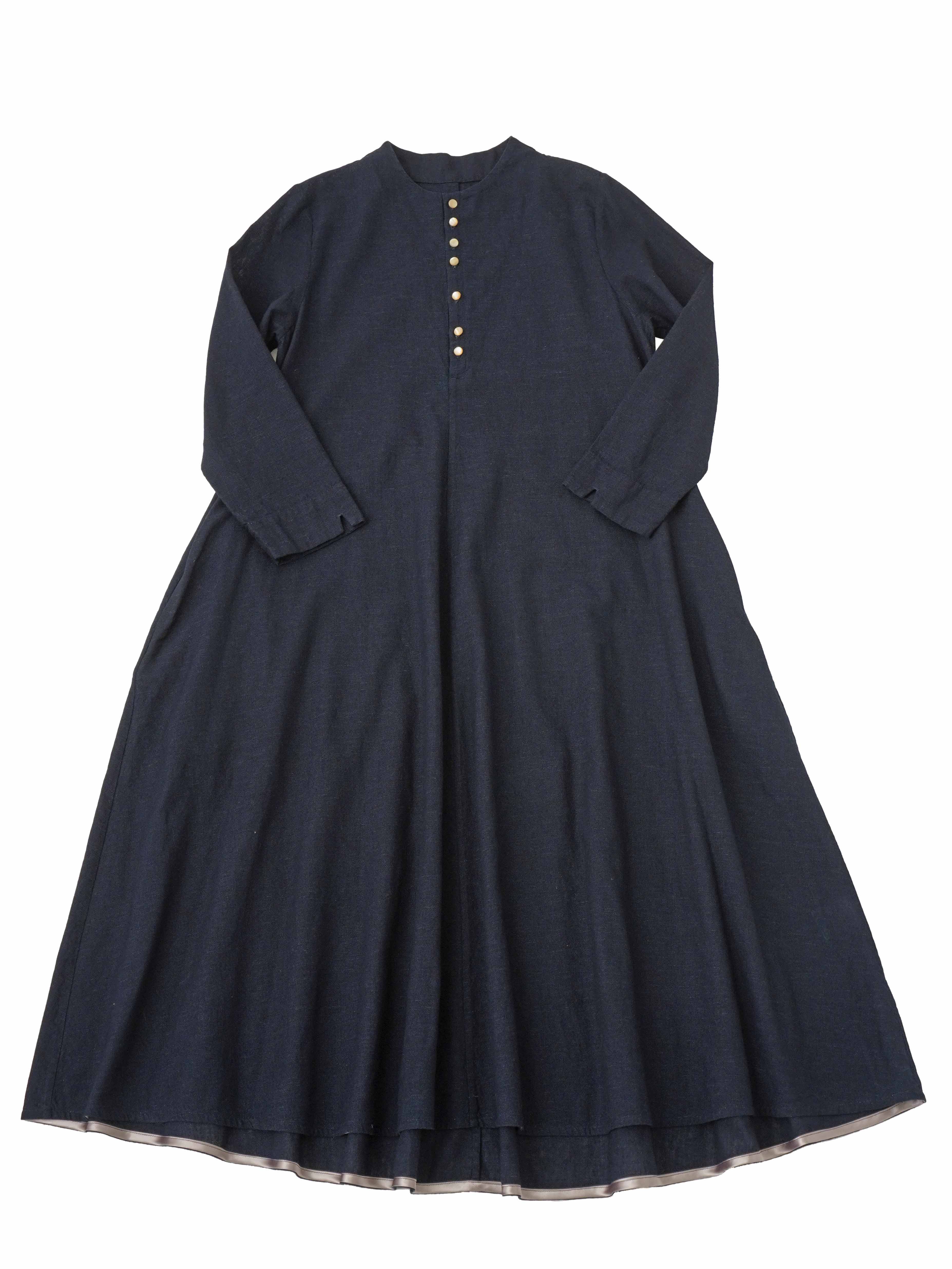 16／-インディゴガーゼボトル襟フレアーワンピース