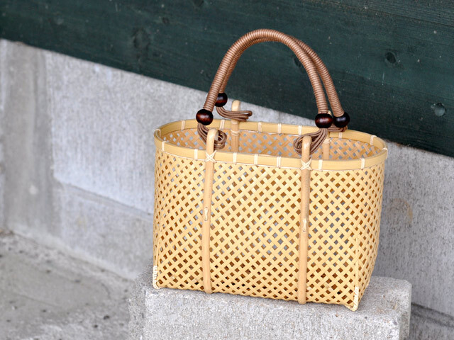 四ツ目編みバッグ ミニ/かごバッグ/竹籠/一点もの/巾着付き/女性/国産