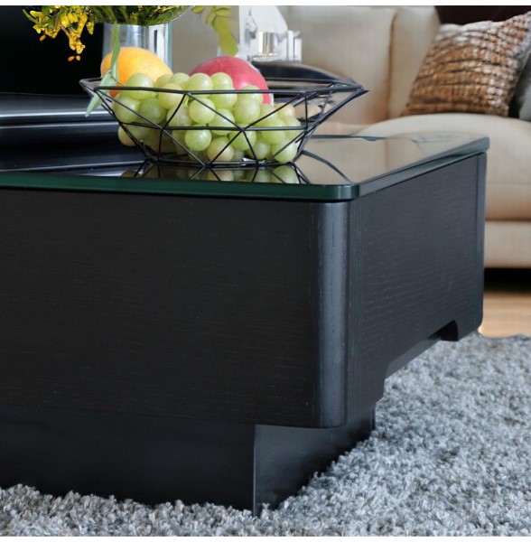 センターテーブル 引き出し付き ブラック 天板ガラス HOBANG｜モダン