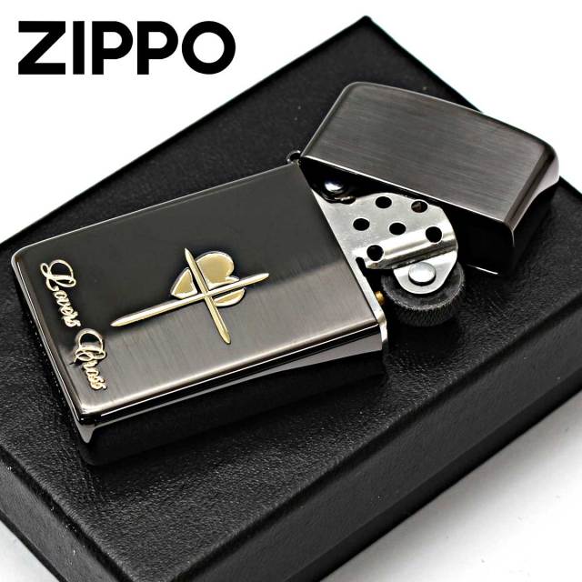 Zippo ジッポー ラバーズ クロス スリム ハート 黒サテーナ＆金 Lovers