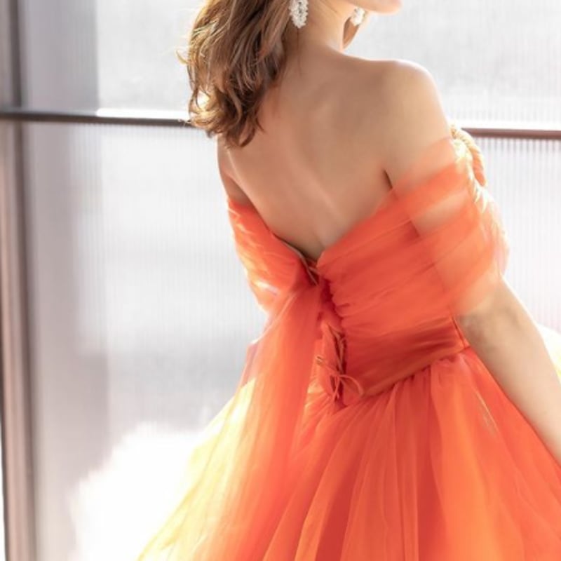 カラードレス オレンジ色 チュールチュール 編み上げ フリル Aライン