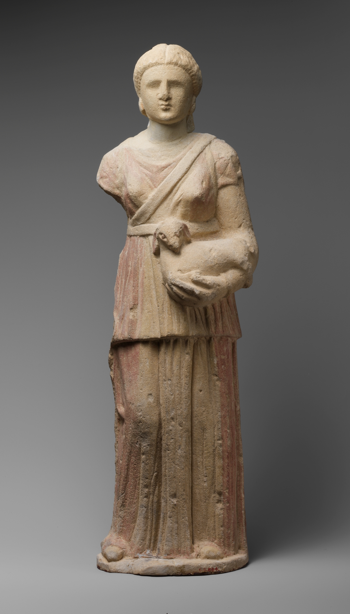 Limestone statue of Artemis with quiver and fawn - Cypriot