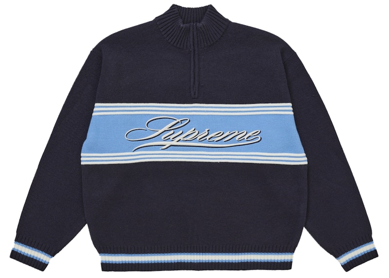 Supreme Script Stripe Half Zip Sweater Navy Men's - FW25 - US