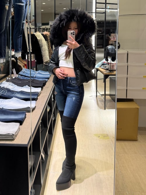 GDベルト付きフェイクレザーショートダウンコート（ダウンジャケット