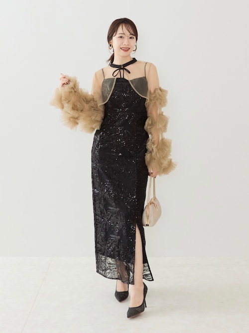 LEJA】フリルチュールスリーブリボンIラインワンピースドレス2点セット