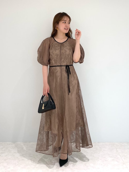 セール】【LEJA】パフスリーブウエストリボン総レースロングドレス