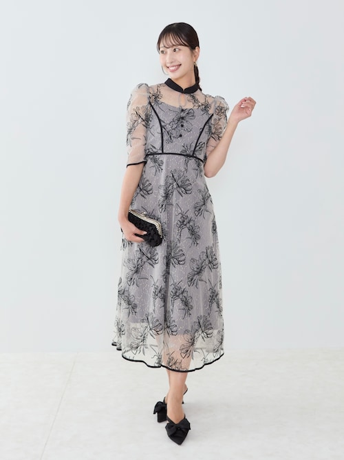 LEJA】配色パイピングプチハイネック花柄刺繍ラメレースロング丈ドレス