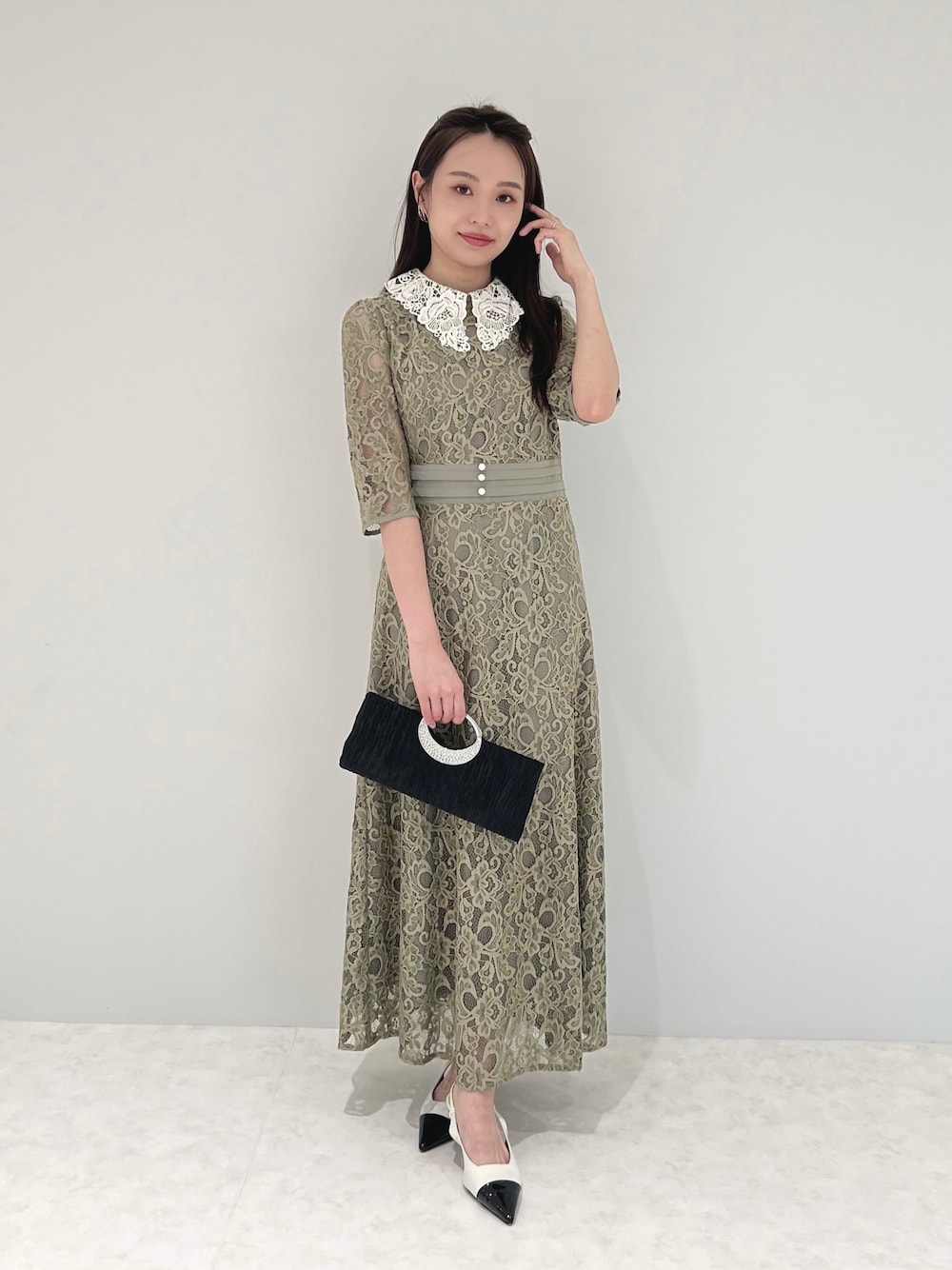 LEJA】レースビッグカラー花柄刺繍ウエストマークロングフレアドレス