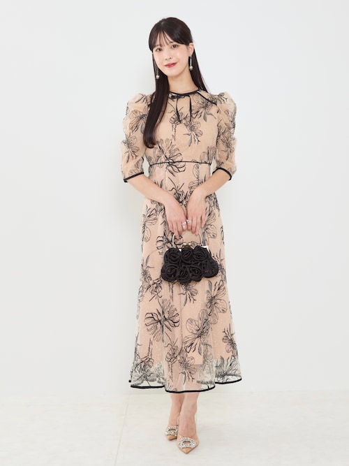 LEJA】半袖花柄刺繍レースフロントバックリボンパフスリーブマーメイド