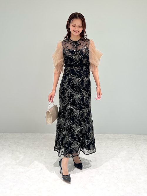 LEJA】スパンコールフラワーリボンチュールワンピースドレス 美脚効果