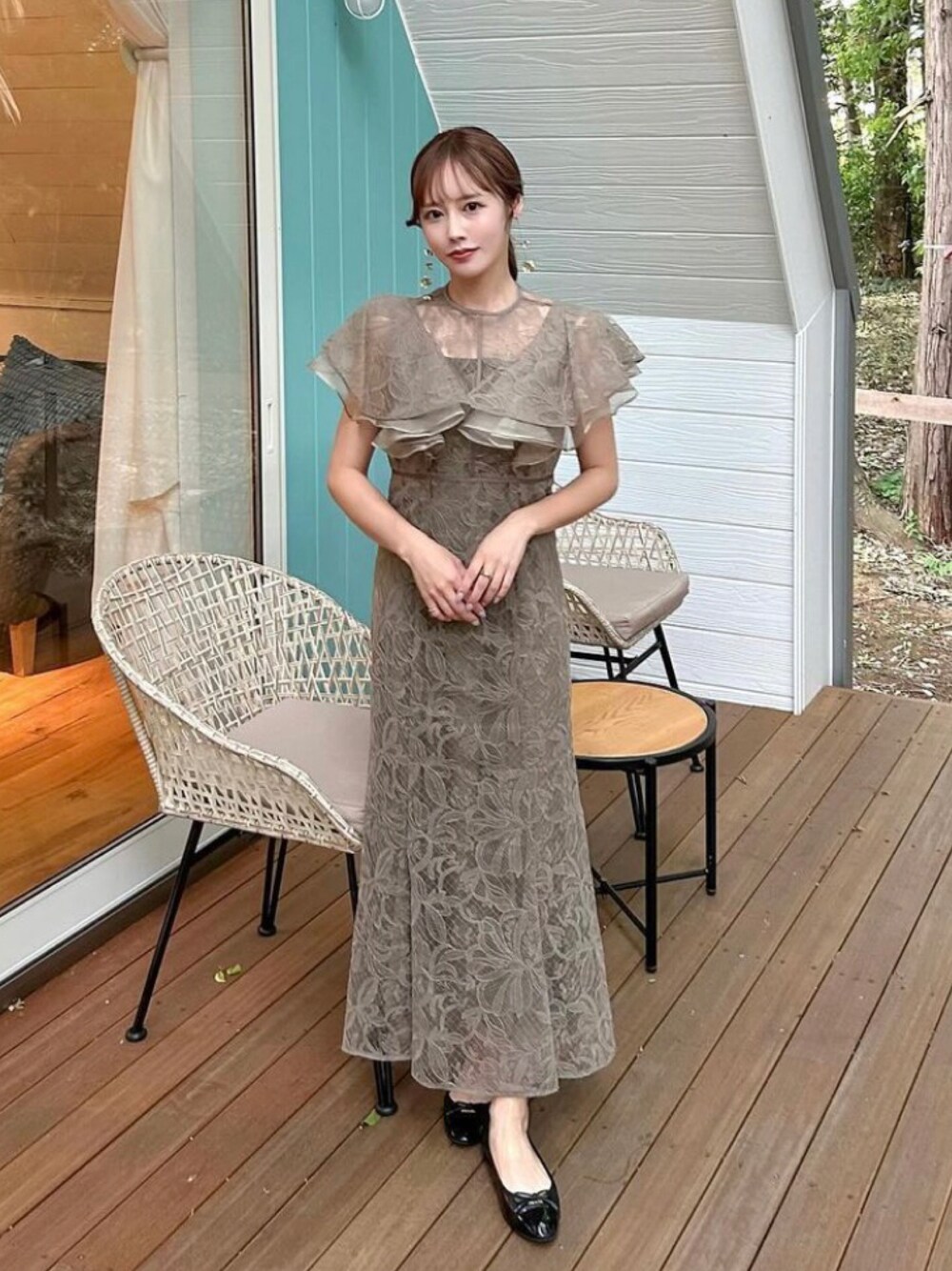 LEJA】フリル半袖シアーレース花柄刺繍ウエストマークマーメイド