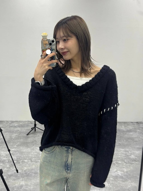 セール】[WEB限定]Vネックステッチニットプルオーバー（ニット