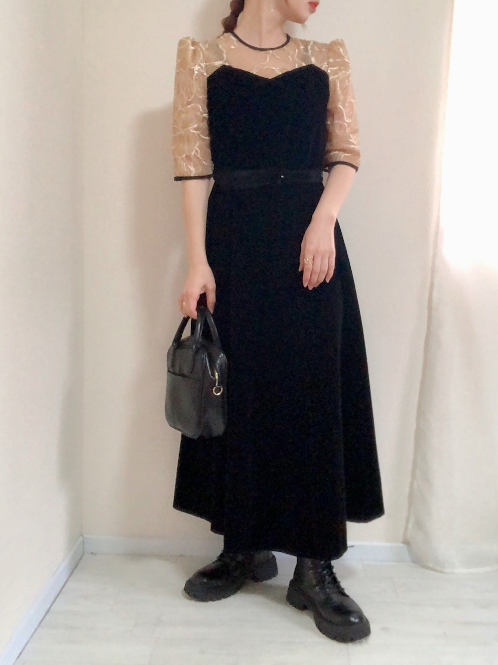 LEJA】ビスチェ風ウエストベルト付き花柄レースキラキラ刺繍ドレス