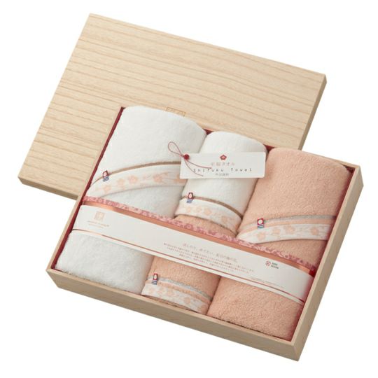 今治謹製 至福タオル(梅染め) 木箱入り バスタオル2枚・フェイスタオル