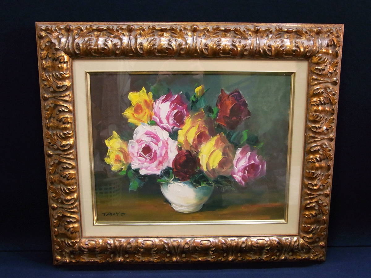 油彩画 花瓶とバラ 肉筆 ゴールド額縁 アンティーク 【公式通販】