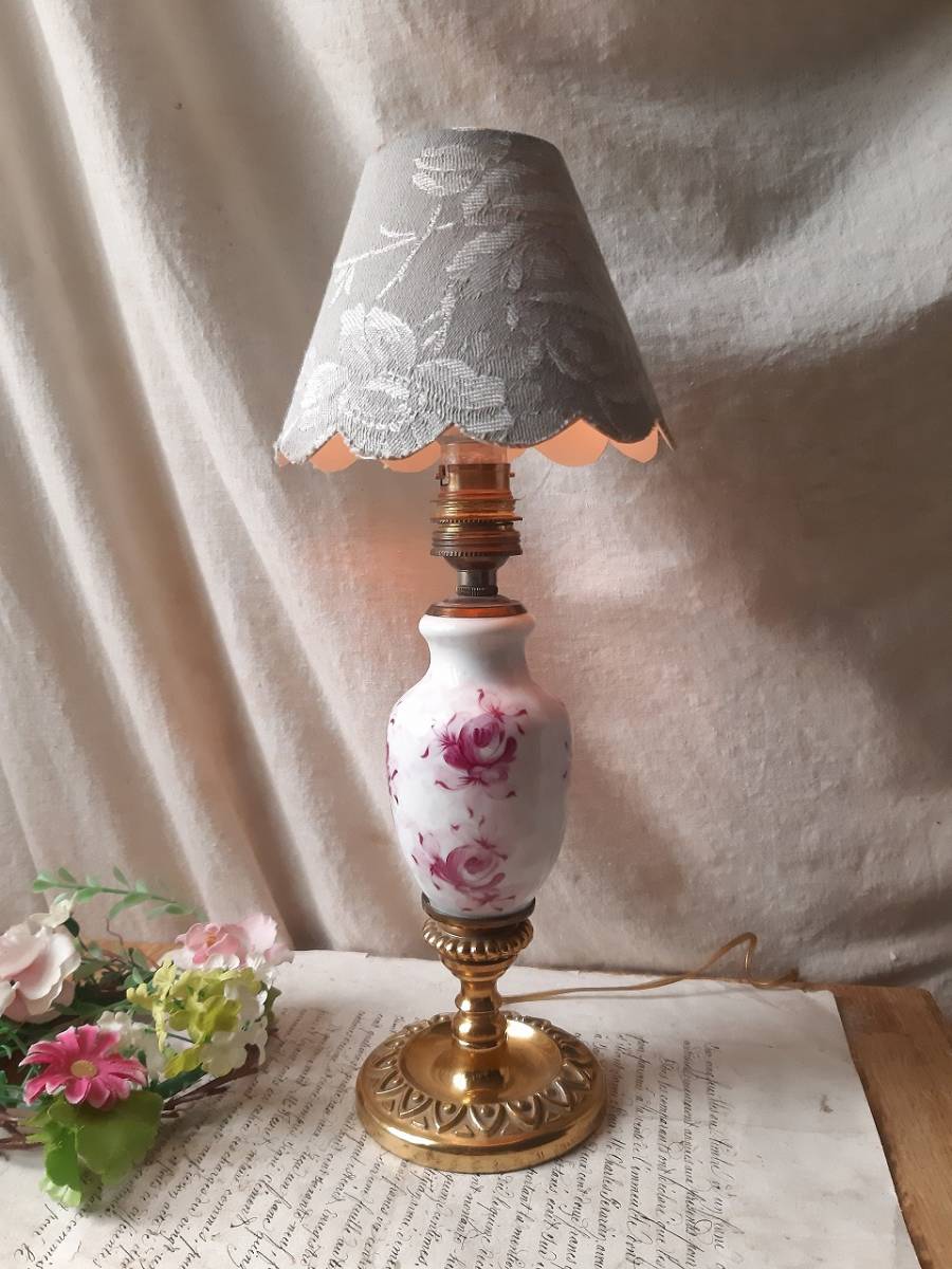 フランスアンティークアプリカシオン薔薇ローズガラスシェードコード金具付