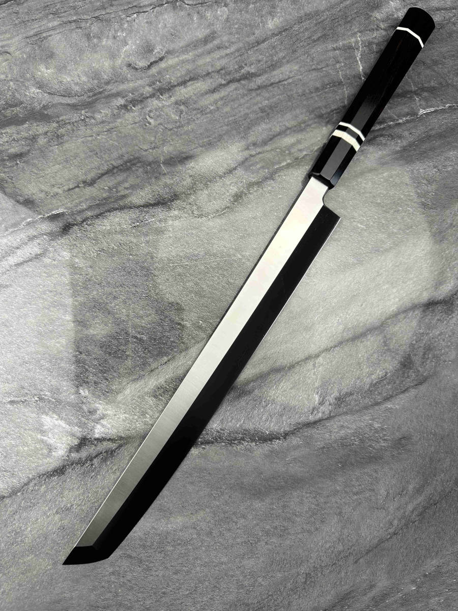 V金10号 本焼 柳刃 包丁 和包丁 黒檀黒水牛 八角柄 鏡面 箱付き