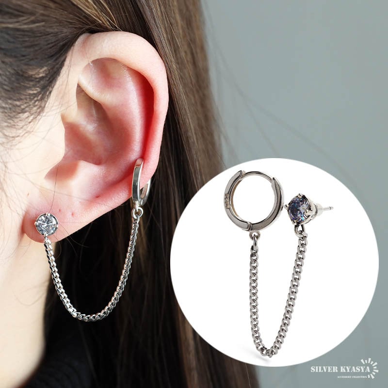 シルバー925 チェーンピアス 2連ピアス キラキラ 1粒 フープピアス