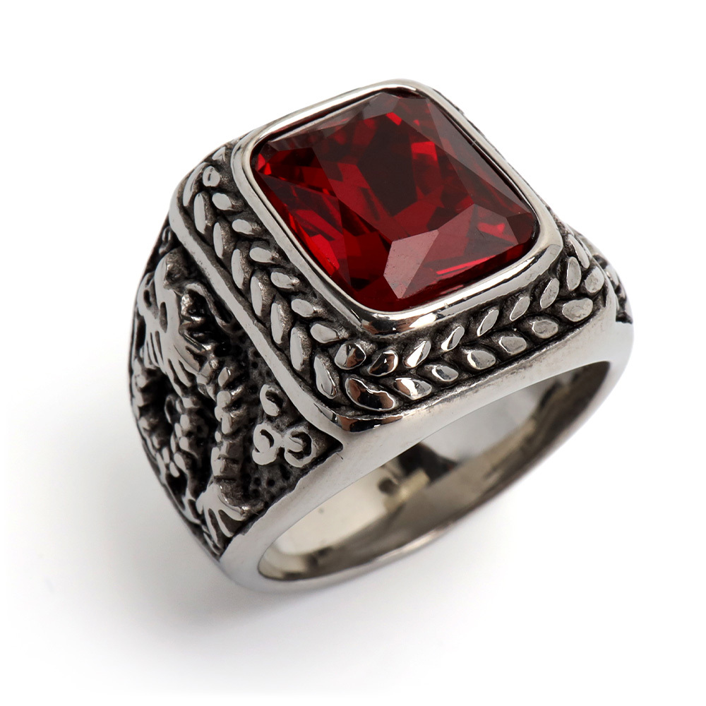 ステンレス カレッジリング ドラゴンリング レッド シルバー 燻し