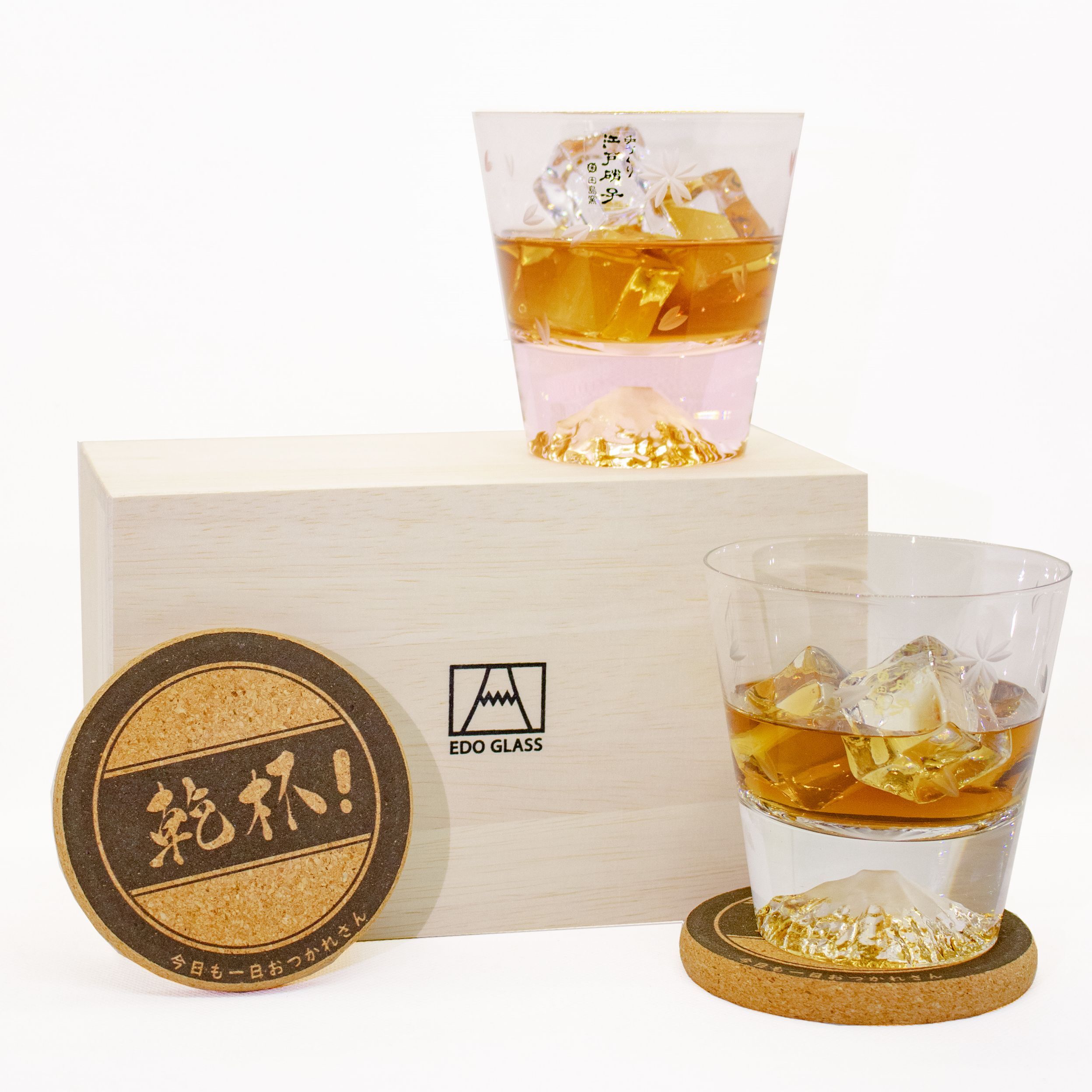 送料無料日本製 田島グラス 手つくり富士山グラス 桜色 紅白ペアセット