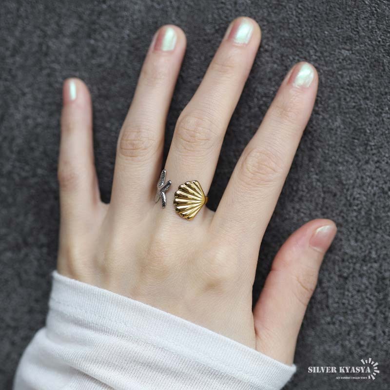 ステンレス 貝とヒトデのリング ごつめ コンビリング モチーフリング