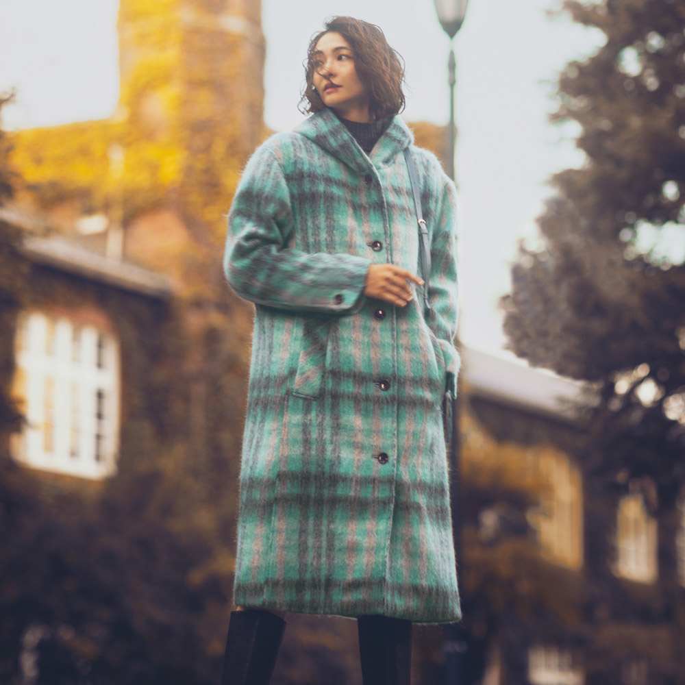 ウールモヘヤ混シャギー チェック フーディコート 通販 - ディノス