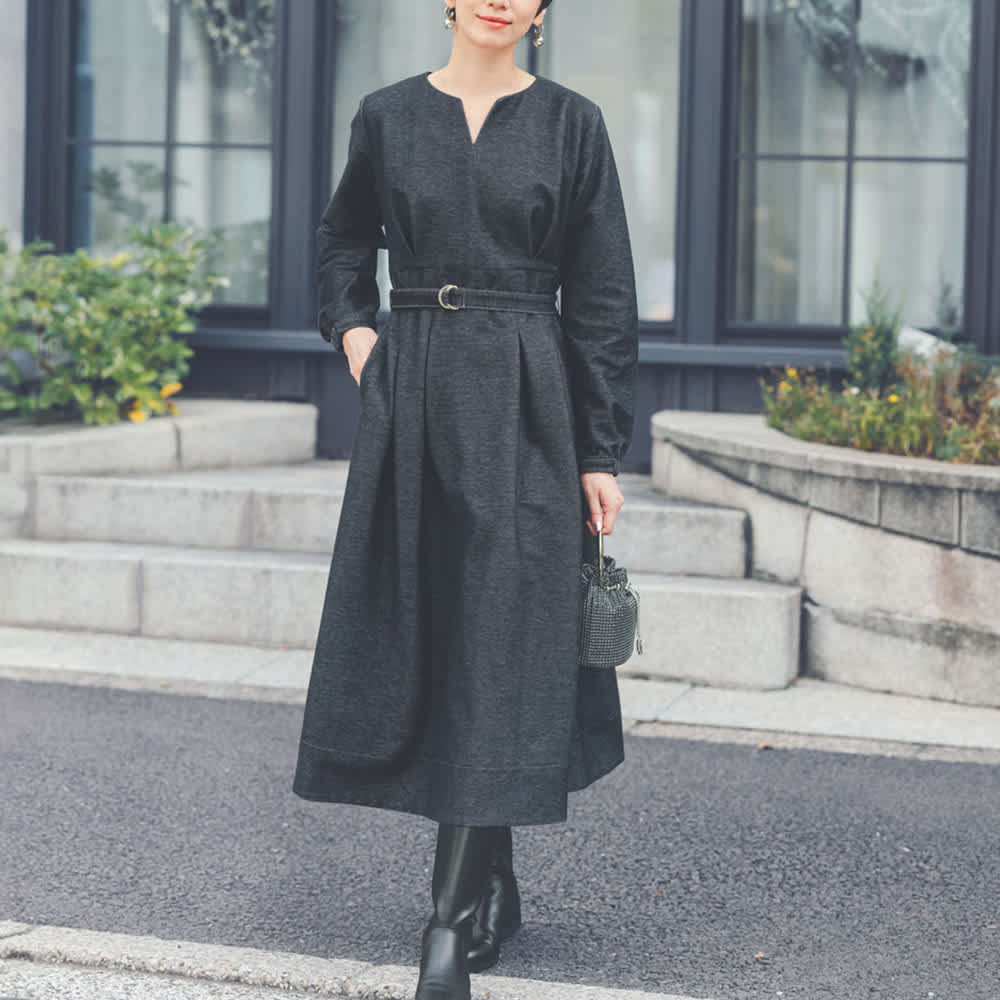 デニム調裏起毛 ウエストタックワンピース 通販 - ディノス