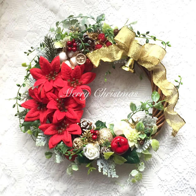 X'mas✴︎ポインセチアと薔薇の大人可愛いクリスマスリース