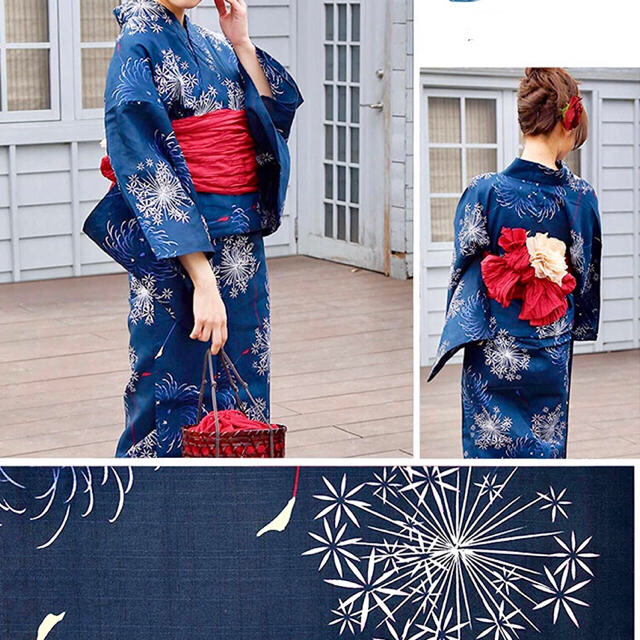 花火柄☆レトロモダン 浴衣セット 帯 花 縁日 お祭り デート水着 紺 赤