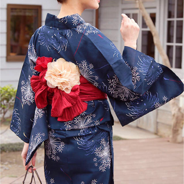 花火柄☆レトロモダン 浴衣セット 帯 花 縁日 お祭り デート水着 紺 赤