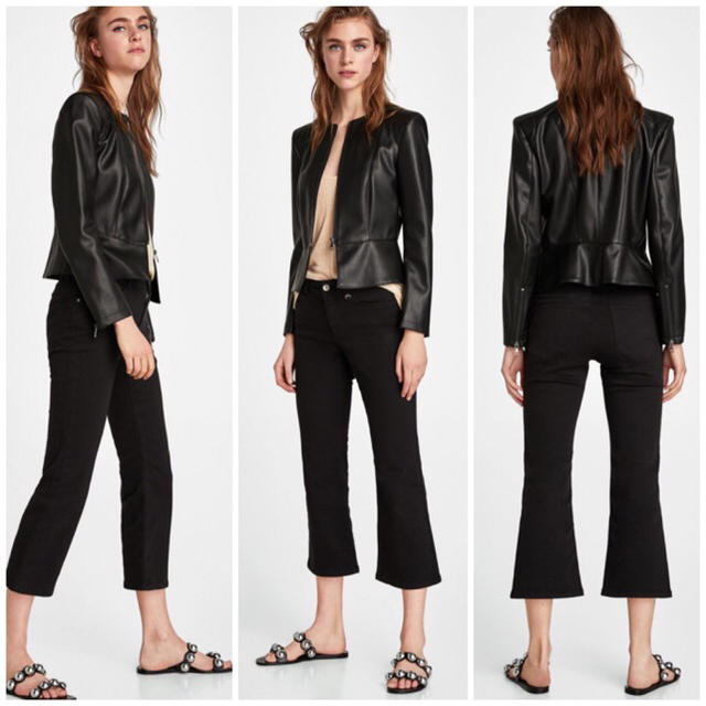 ZARA - ZARAノーカラーペプラムレザーライダースジャケットM黒フレア