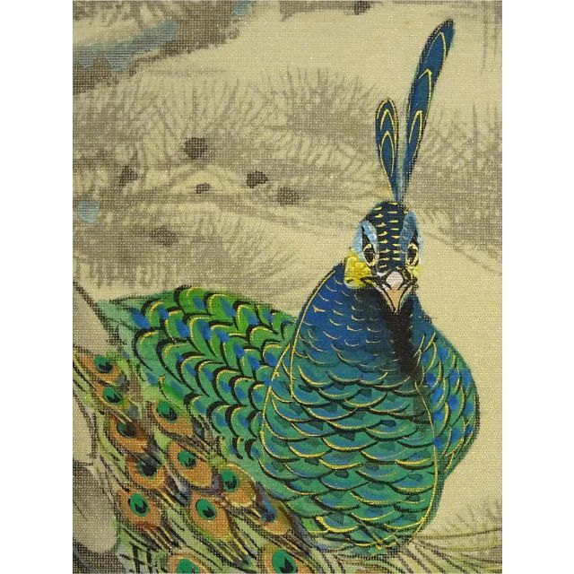 真作】掛軸 分部五鈴『孔雀図』日本画 絹本 共箱付 掛け軸 a091316の