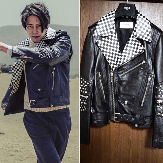 CELINE - Celine チェッカーフラッグ柄 ダブルレザーライダース