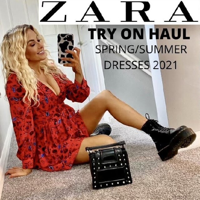 ZARA - ZARA フリル付きプリント柄ワンピース XSサイズ レッドの通販