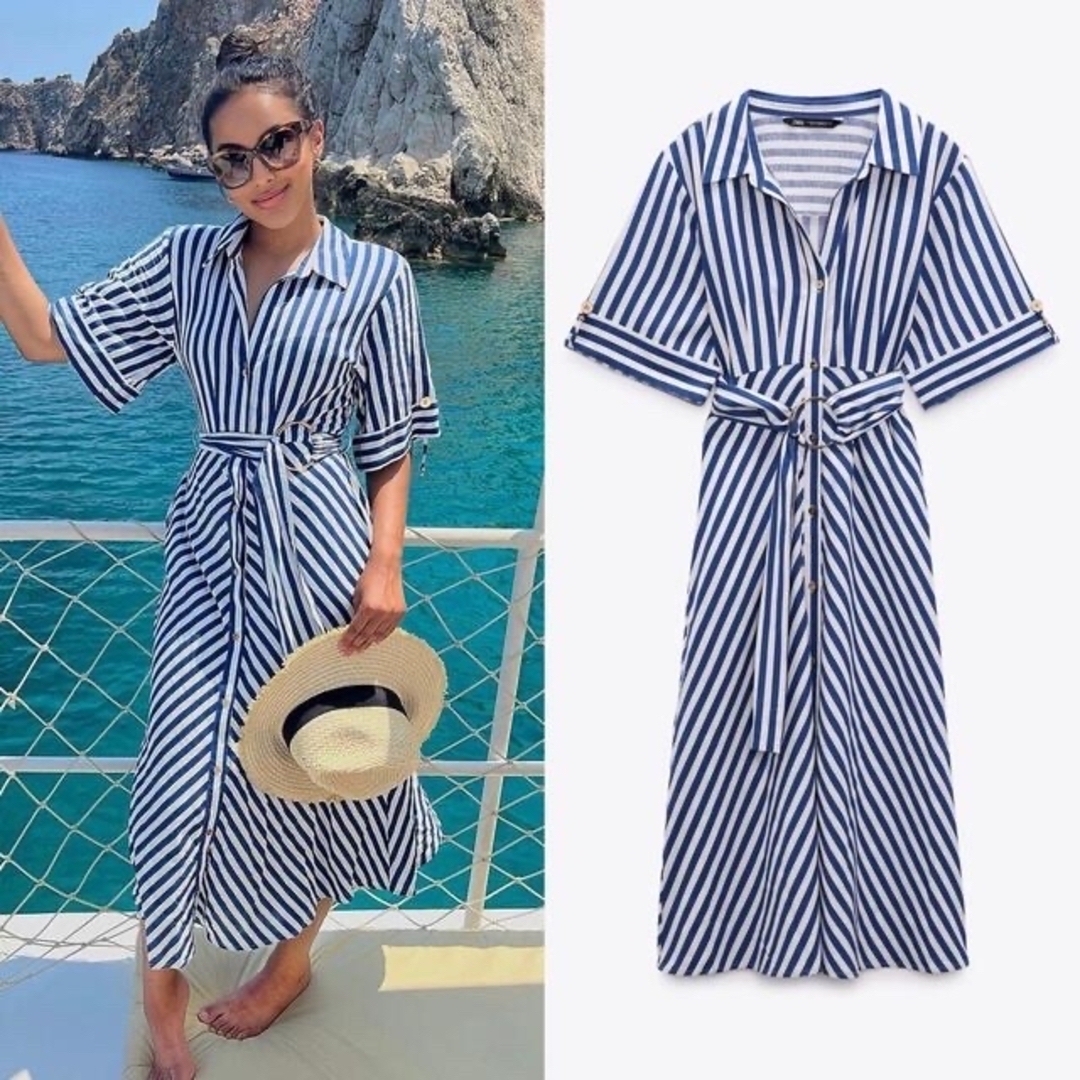 ZARA - 新品 ZARA ストライプ リネンブレンドワンピース Sサイズの通販