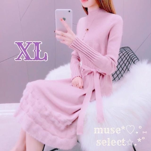 新品♥XLピンク ニットワンピース♥ファー リボン 韓国系フェミニン