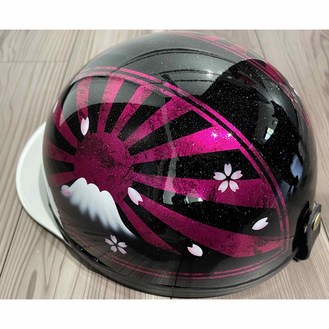 半帽ヘルメット 黒紫グリッター 桜模様 半帽ヘルメット 黒紫グリッター