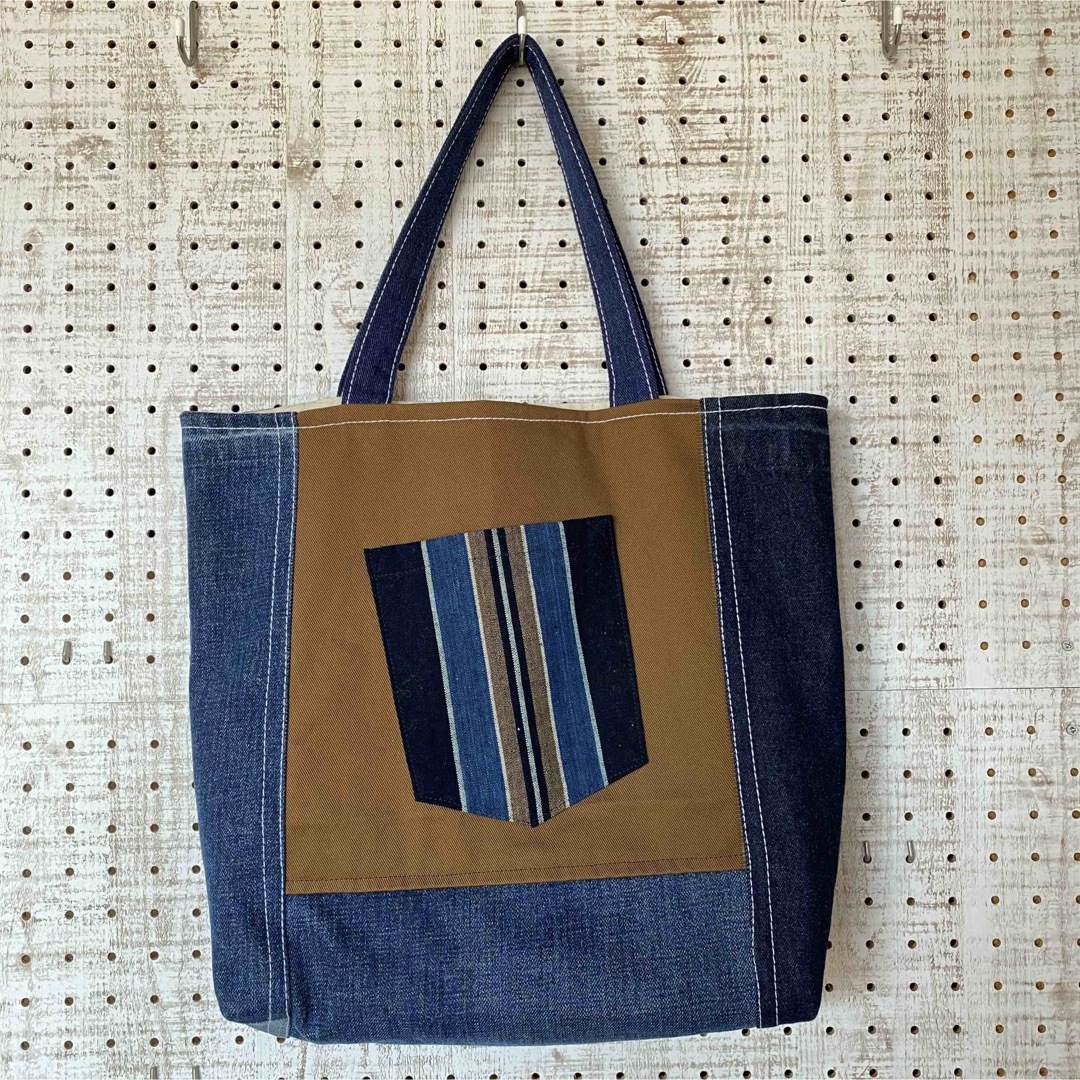 ハンドメイド デニム リメイク トートバッグ 襤褸 藍染 古布 刺し子 ね