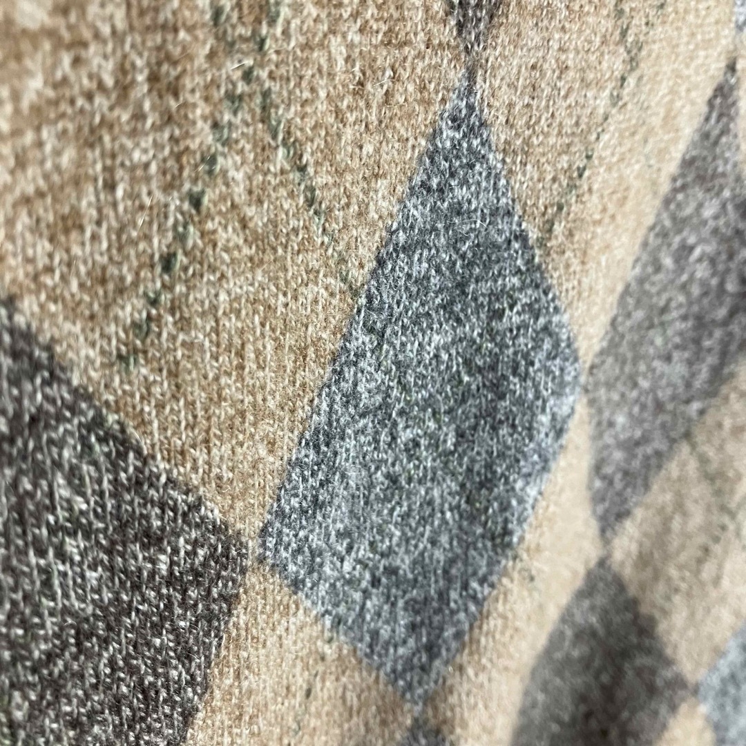 ピュアカシミヤ100】 総柄ニット アーガイル 茶 ベージュ 上質柔らか