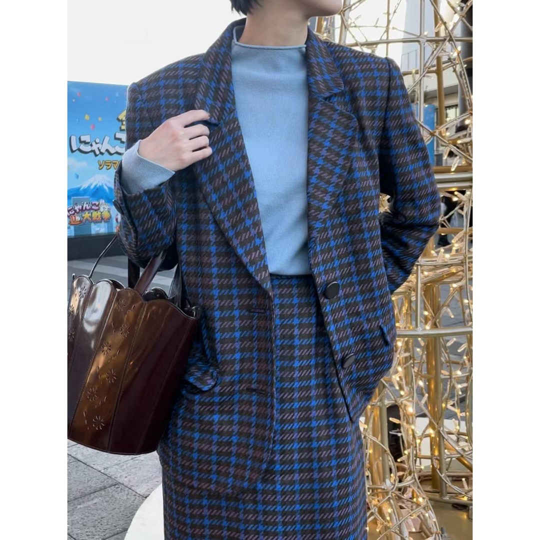 古着｜チェック柄 ブルー セットアップ レトロ ジャケット スカート