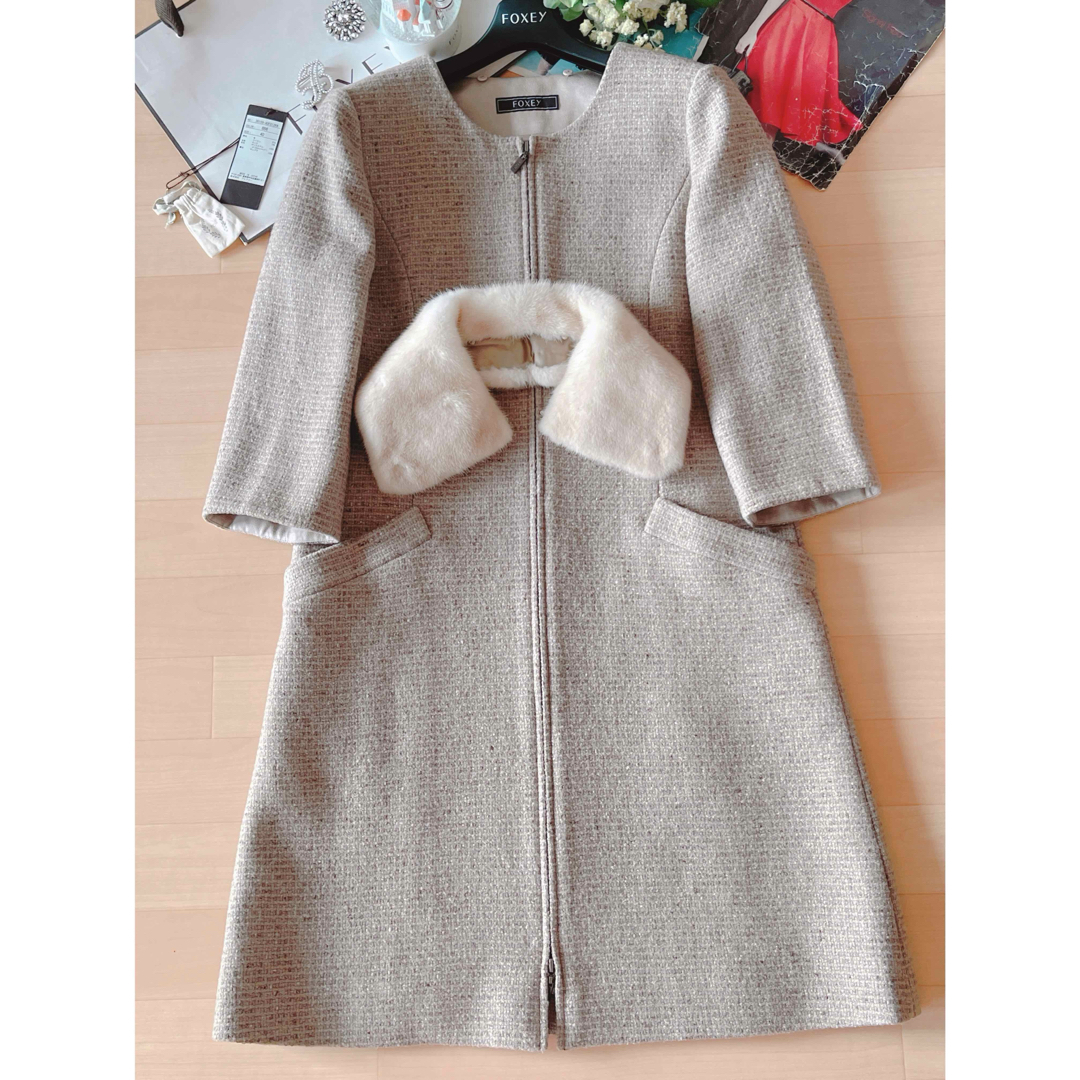 FOXEY - 新品未使用！FOXEYミンク襟ツイードロングコート 40 Rene