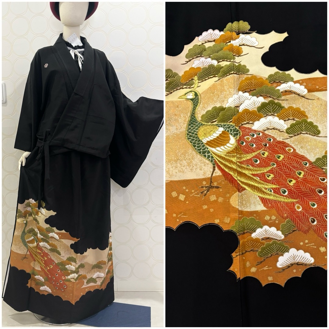 着物リメイク 黒留袖 紋付 孔雀 刺繍 ショート丈羽織 ロングスカートの