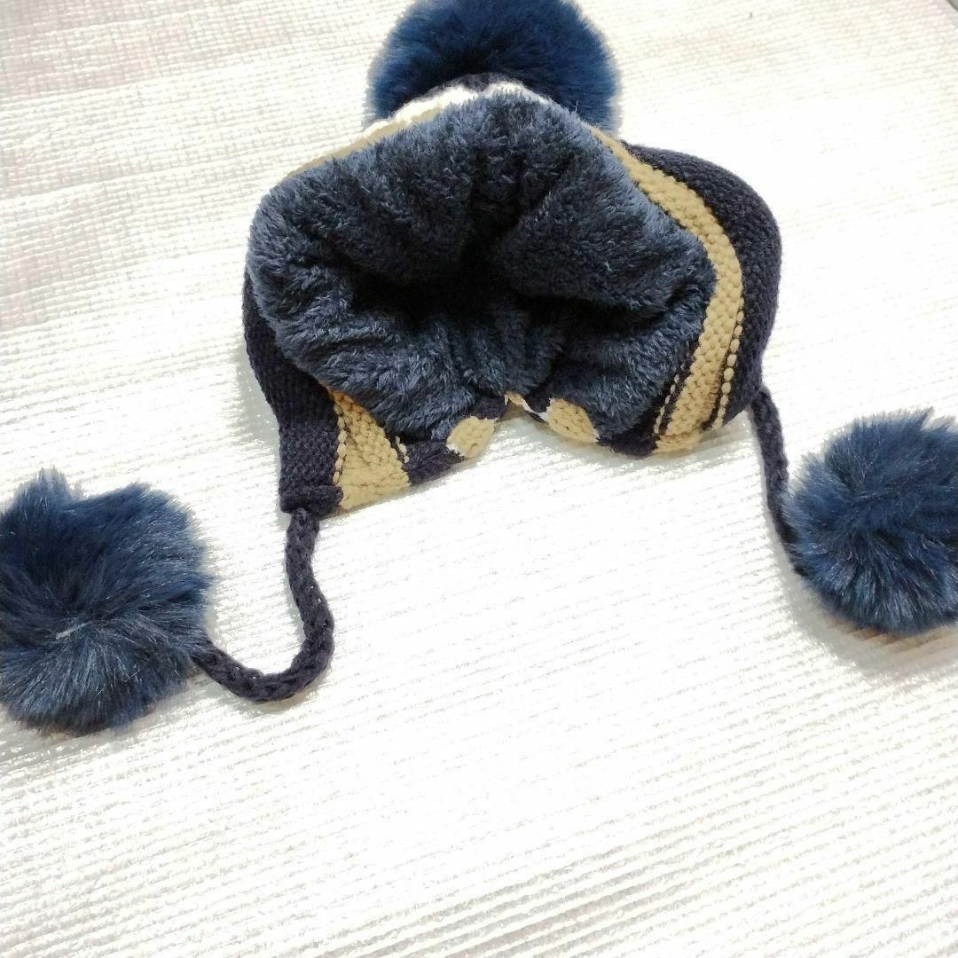 ネイビー 】ニット キャップ ひも 付き ポンポン レディースの通販 by