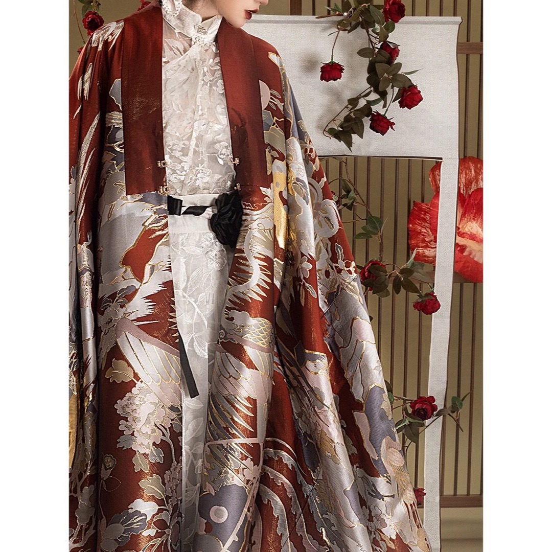 ふりふ - 百鳥朝鳳披風 白赤金色ロングアウター 中国伝統衣装 織錦