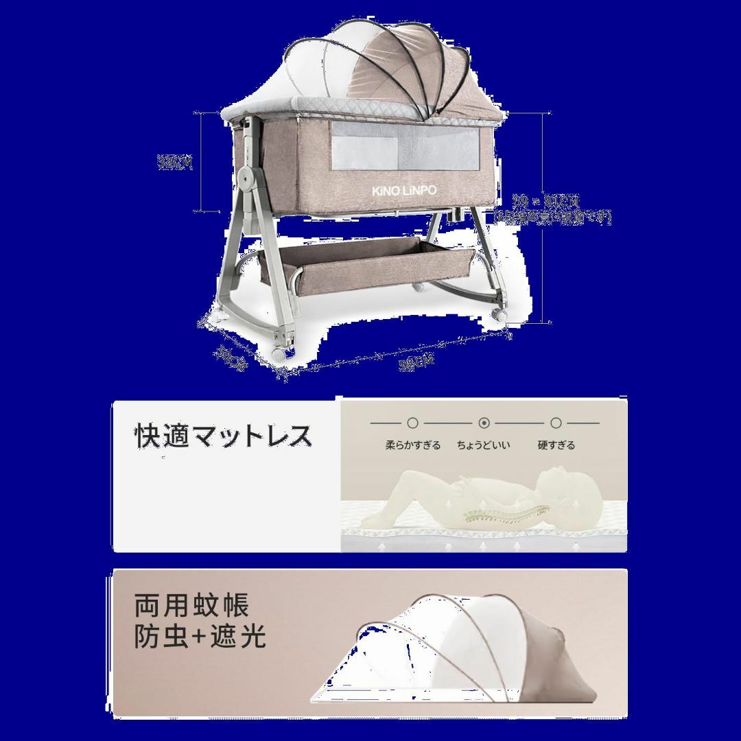 色:カーキ】Kino Linpo ベビーベッド 添い寝 新生児ベッド 乳児用ベの