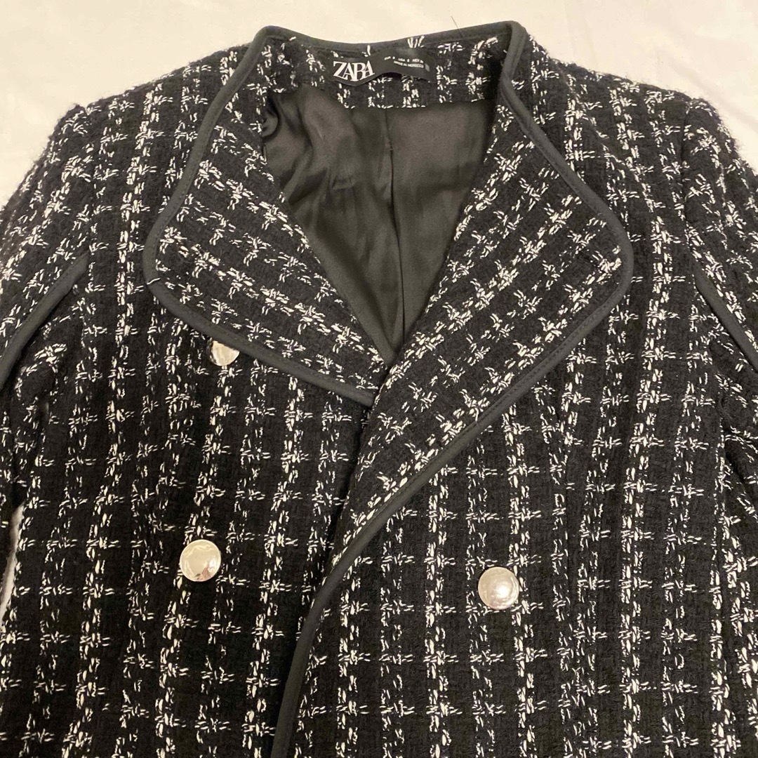 ZARA - ZARA ザラ ツイード チェック ノーカラー ジャケット コート S