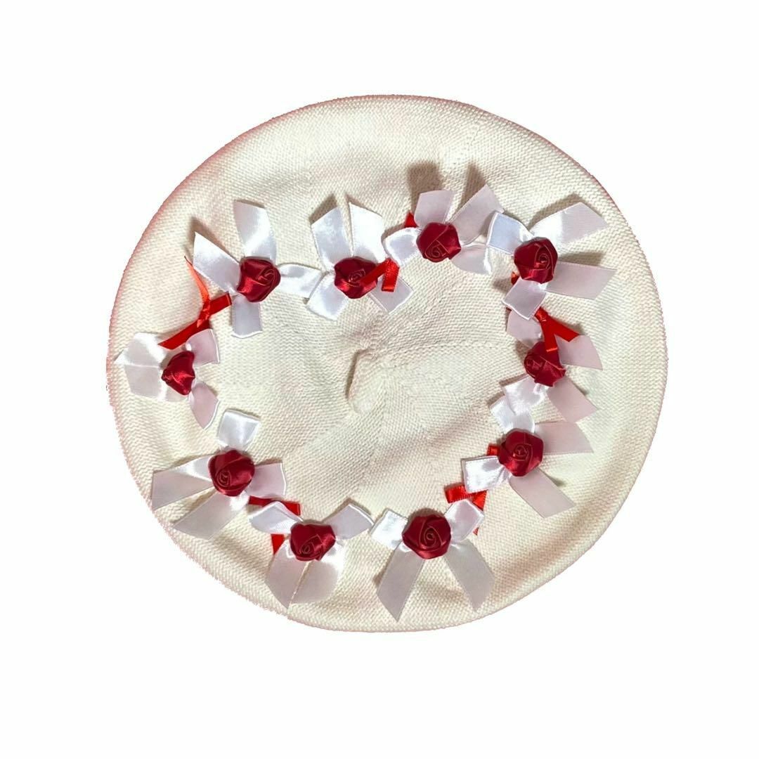 ハート型お花のベレー帽 白 レッド 赤 HEIHEI アベイル 赤チェック柄の